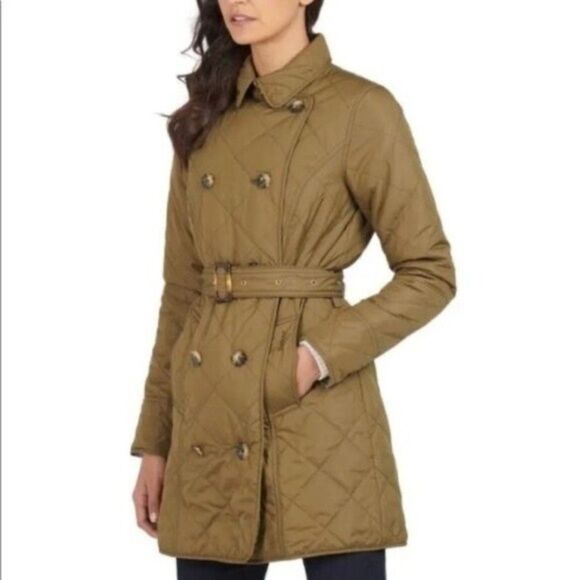 Barbour Fairsfield Quilt Tartan Trench Coat Belted Olive Green, Size 4 - Picture 1 of 8